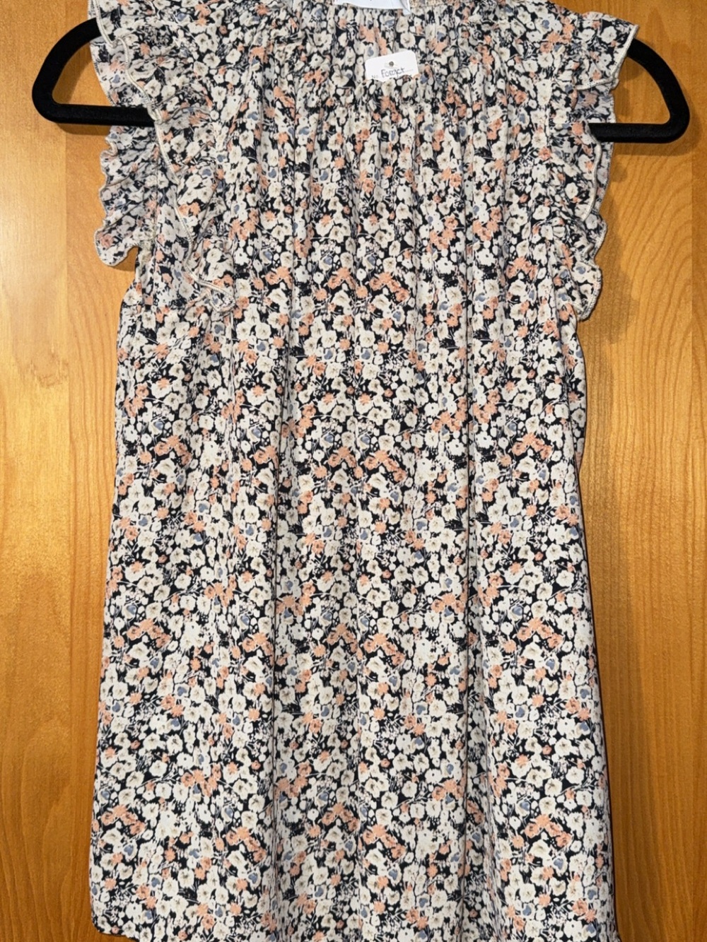 Floral Ruffle Cap-Sleeve Top in a Cream, Navy & Peach